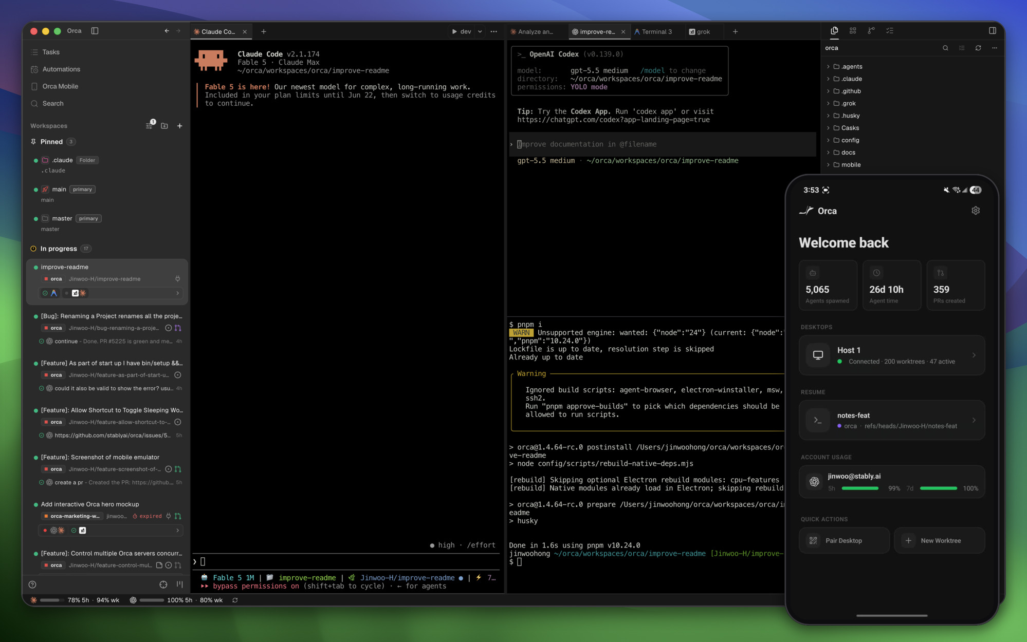 Orca's desktop app with a sidebar of worktrees, Claude Code and Codex terminals side by side, a file tree, and the mobile companion app overlaid