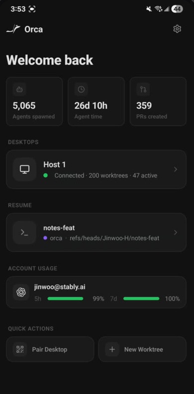 Orca's mobile app: agents spawned, agent time and PRs created, a connected desktop, a resumable worktree and account usage