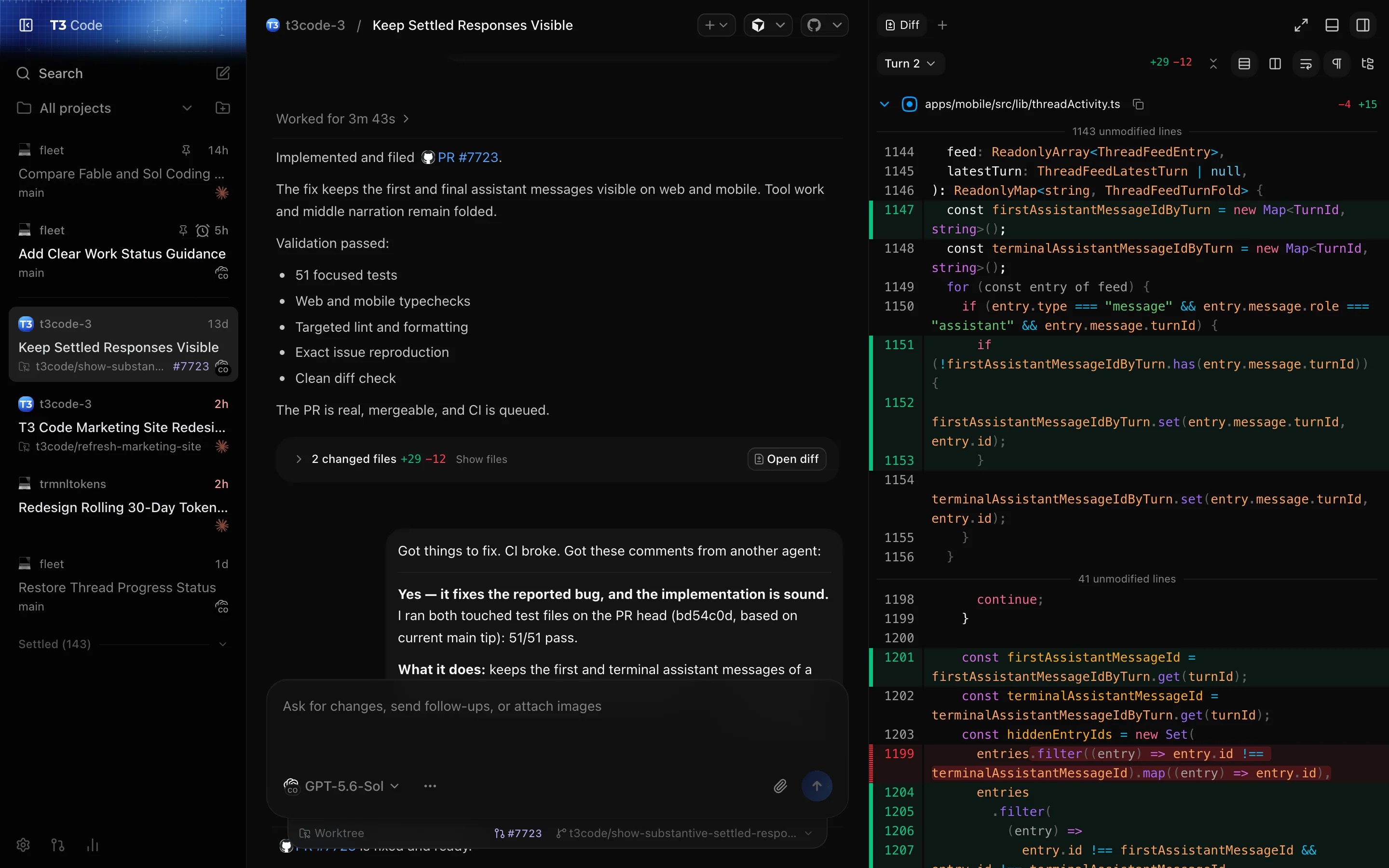 T3 Code desktop app with a list of threads on the left, an agent's finished turn in the middle and a code diff on the right