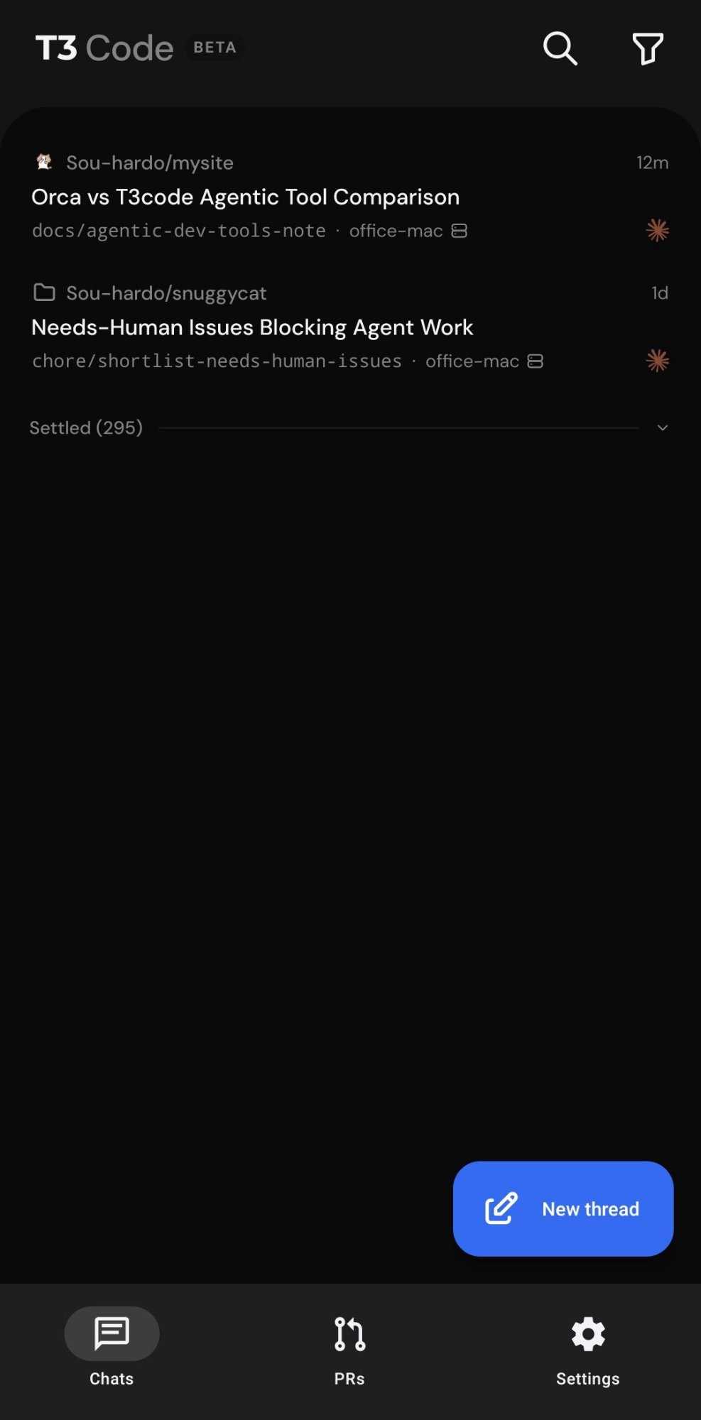 T3 Code's mobile app, Chats tab: active threads by repo with branch and machine, and 295 settled threads folded away