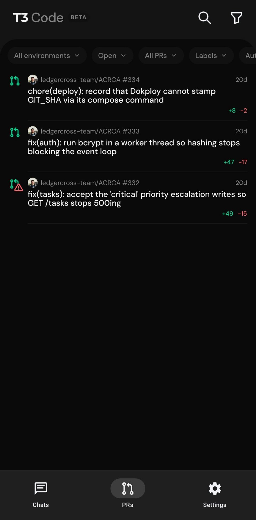 T3 Code's mobile app, PRs tab: open pull requests with filters, diff stats and a failing-check warning